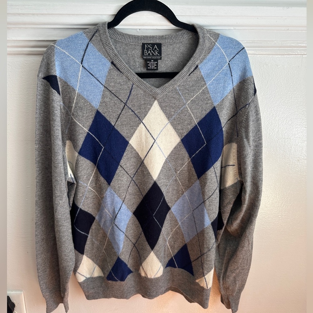 Jos. A. Bank Men's Argyle Sweater - Gray and Blue Medium